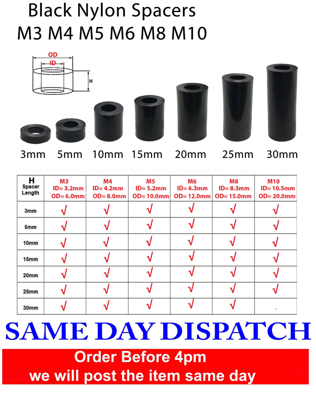 Black Nylon Spacers / Standoff Washers — Pack of 10