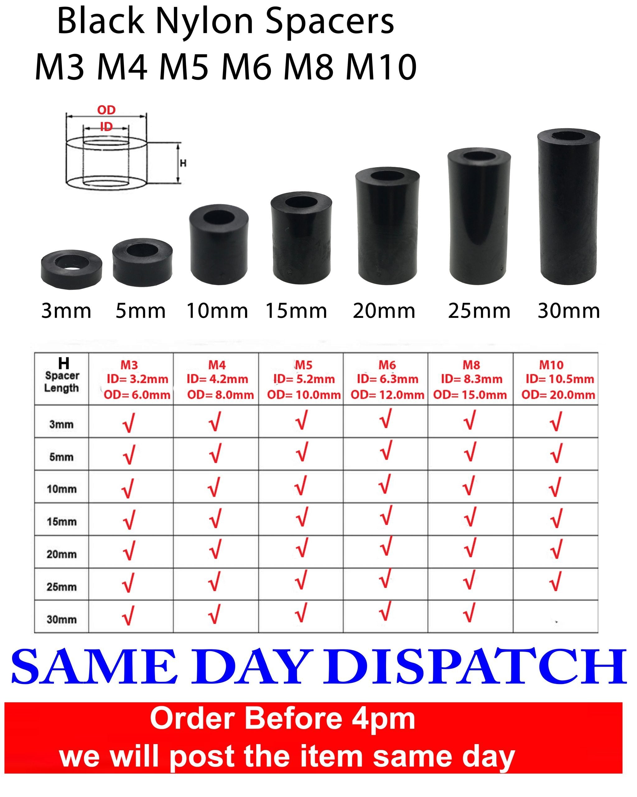 Black Nylon Spacers / Standoff Washers — Pack of 10