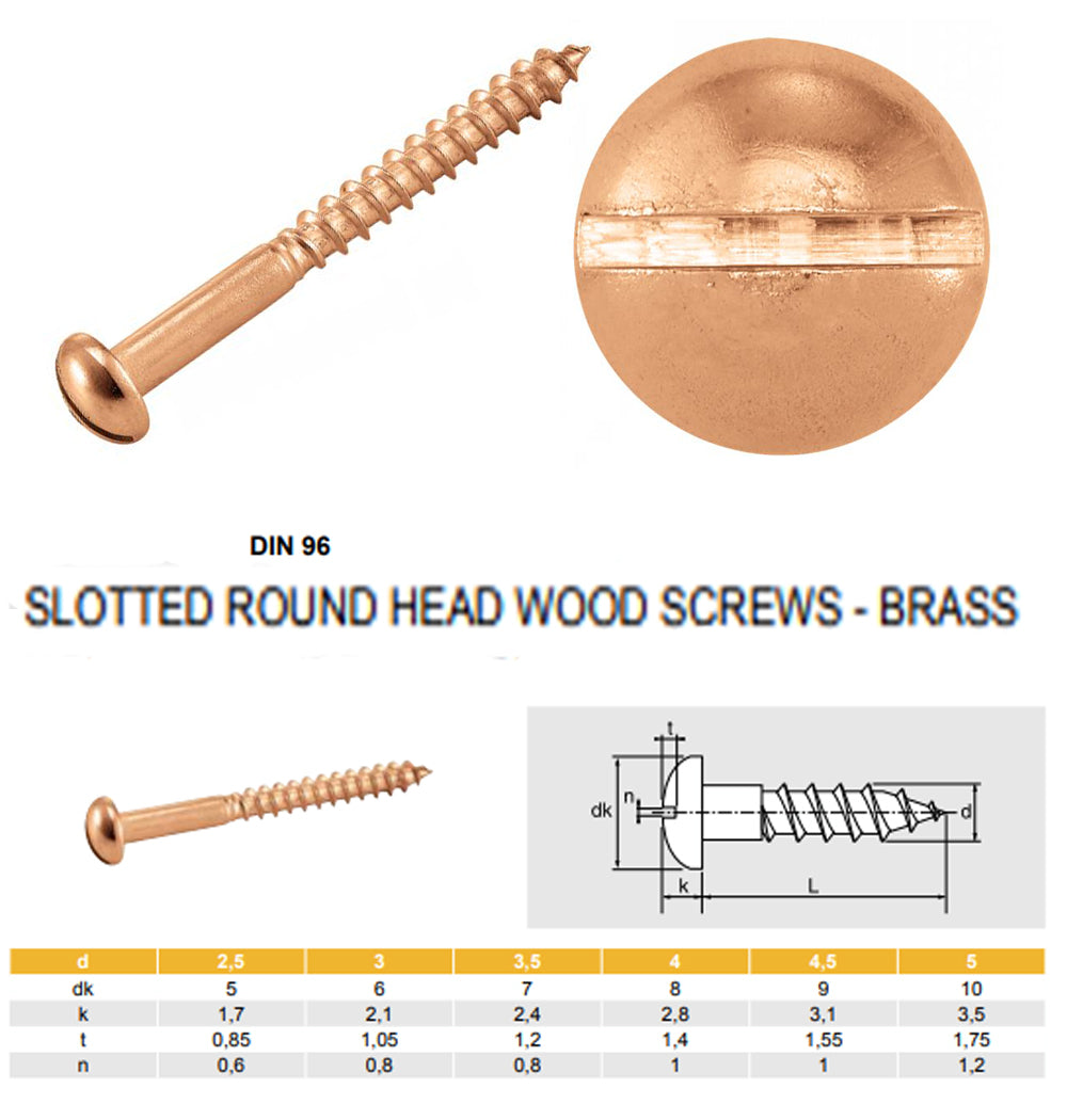 Solid Brass Wood Screws M3–M5 — Round Raised Slotted Head