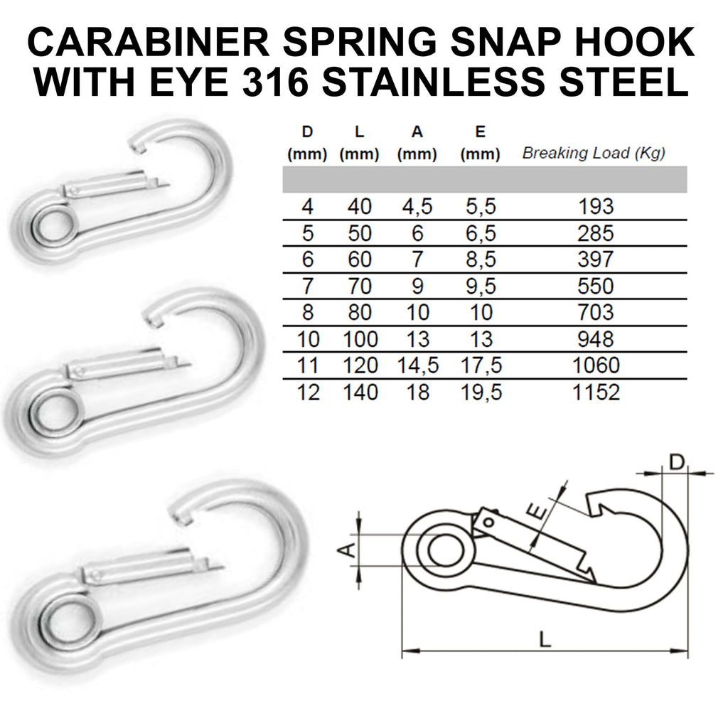 Eye Snap Carabiner Hook Spring 4–8mm — A4 Marine 316