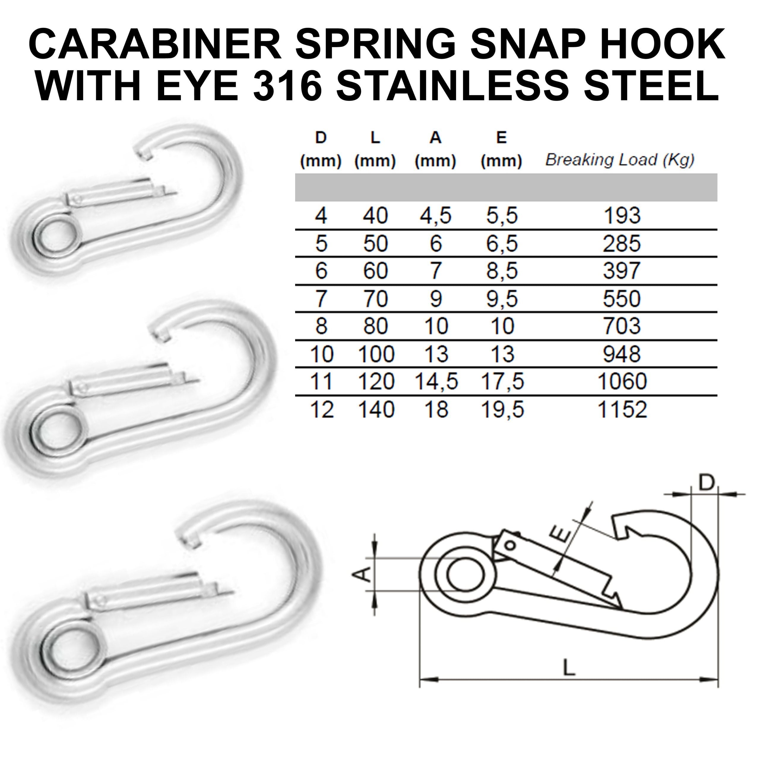 Eye Snap Carabiner Hook Spring 4–8mm — A4 Marine 316