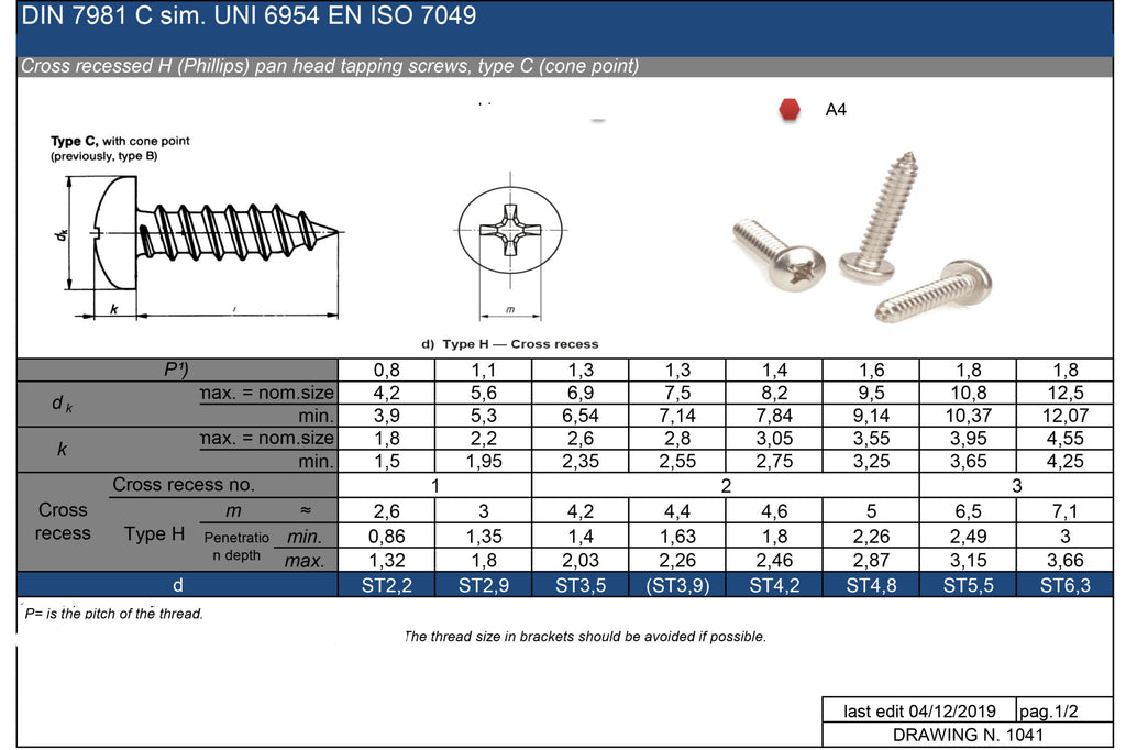 Pozi Pan Self-Tapping Screws No.4–12 — A4 316 Marine