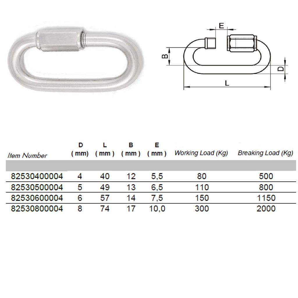 Chain Quick Link M4–M8 — A4 316 Marine Grade Stainless