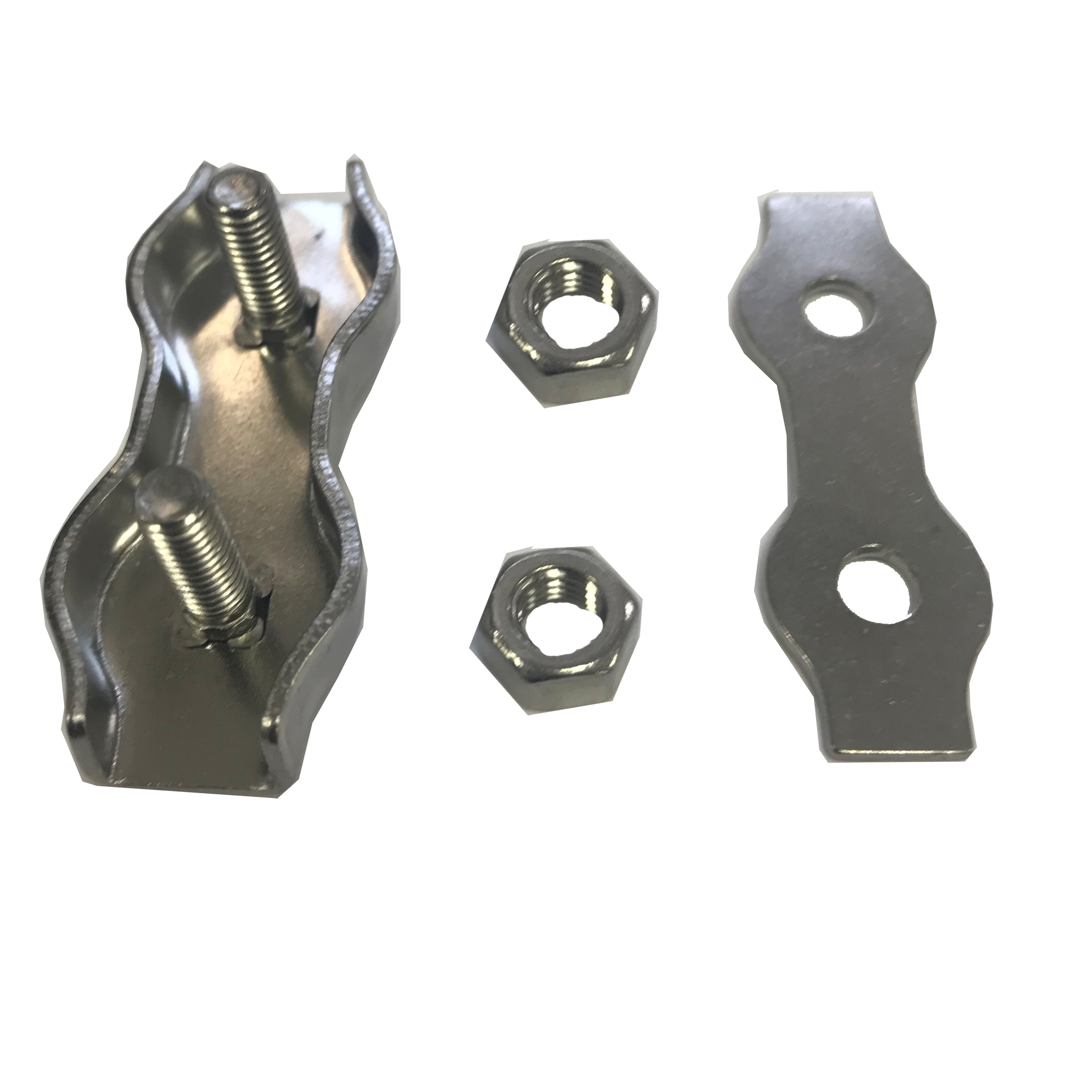 Duplex wire rope clamp dismantled — A4 316 stainless saddle, plate and two hex nuts
