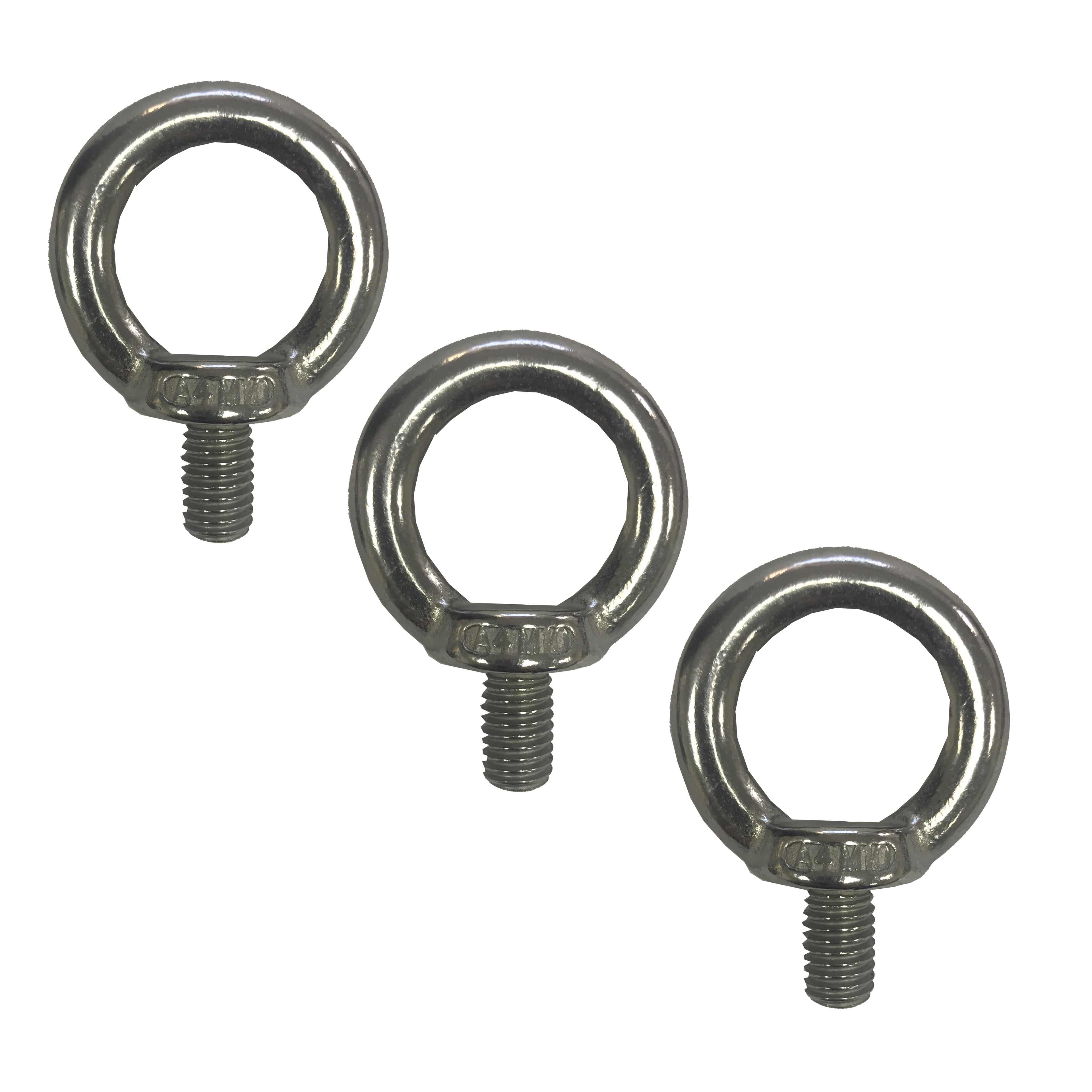 Lifting eye bolts M6, M8 and M10 shown side by side for size comparison