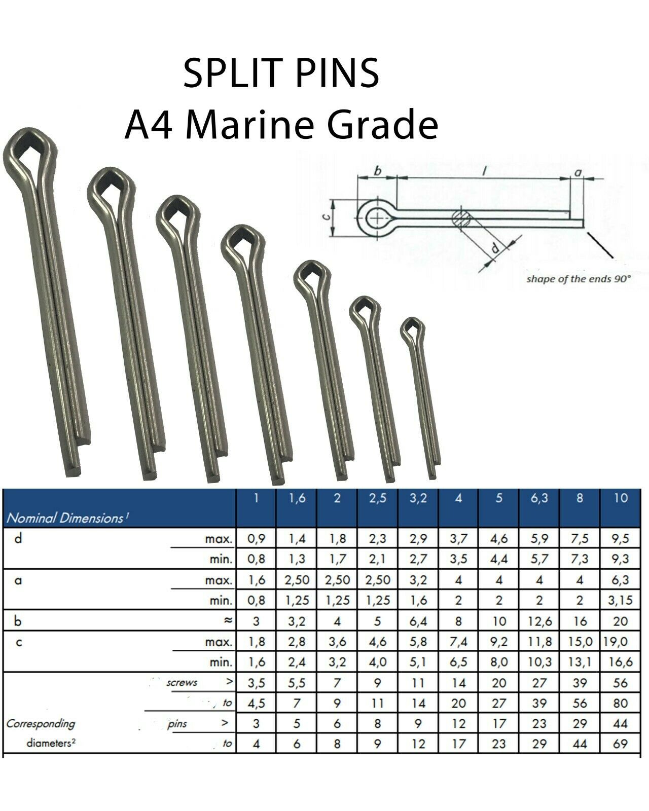Split Cotter Pins 1.6–6.3mm Pack of 20 — A4 Marine 316
