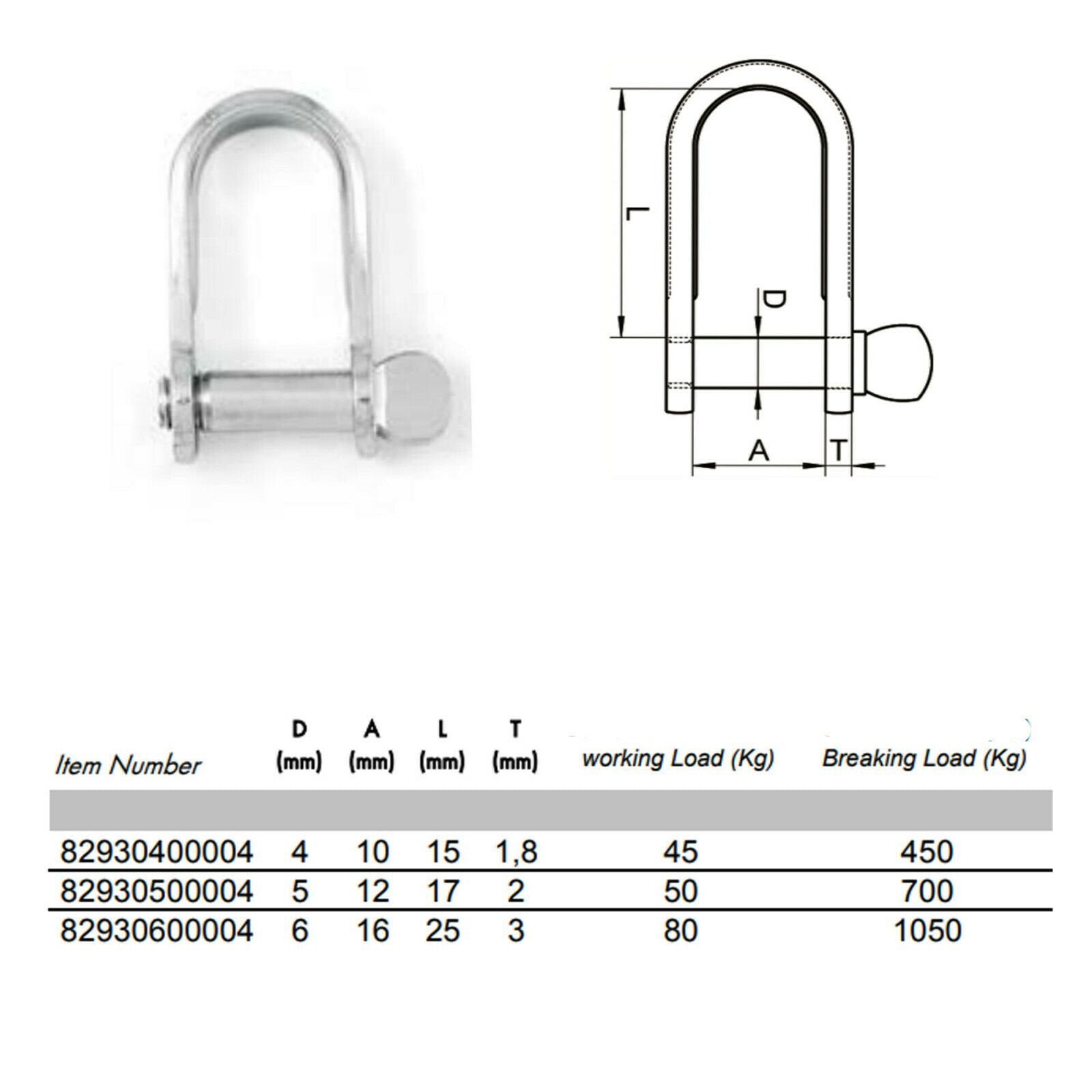Flat Shackle M4–M6 — A4 316 Marine Grade Stainless Steel