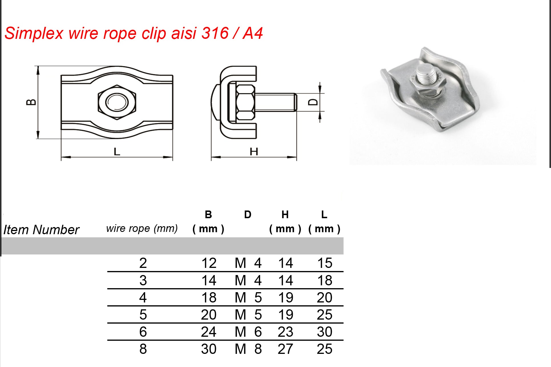 Simplex wire rope clip AISI 316 A4 dimension chart showing B, D, H and L measurements for 2mm to 8mm wire rope