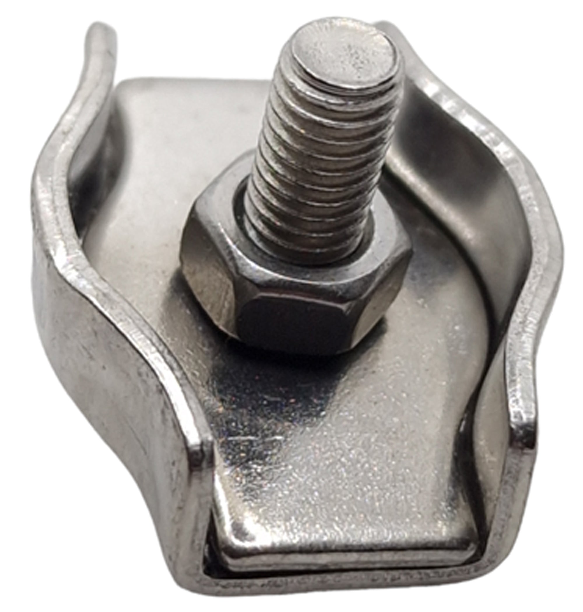 Single simplex wire rope clamp in A4 316 marine stainless steel, showing the one-bolt saddle plate