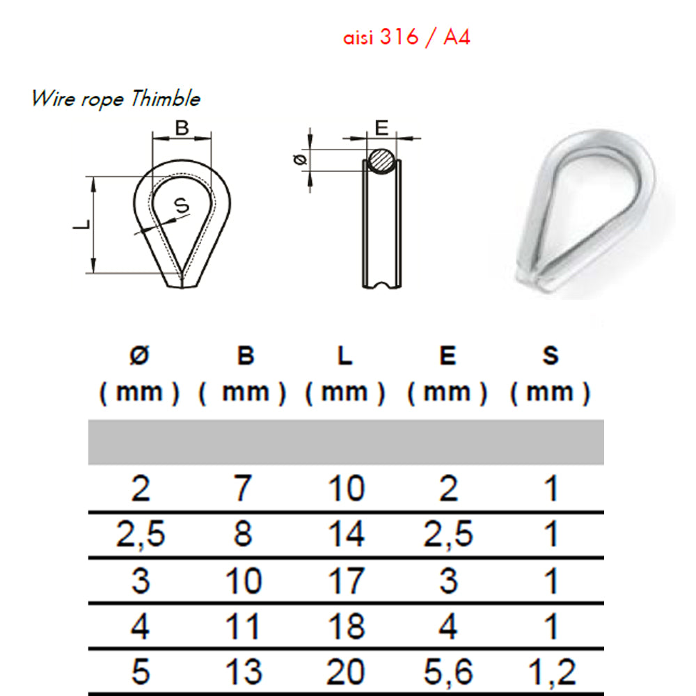 Wire rope thimble AISI 316 A4 dimension chart showing B, L, E and S measurements for 2mm to 5mm rope